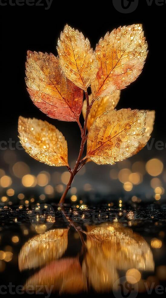 Golden leaves glimmering with droplets in a dark setting with soft lights at night photo