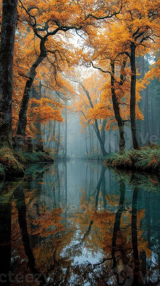 Beautiful autumn forest with vibrant orange leaves reflecting in a calm river during early morning fog photo