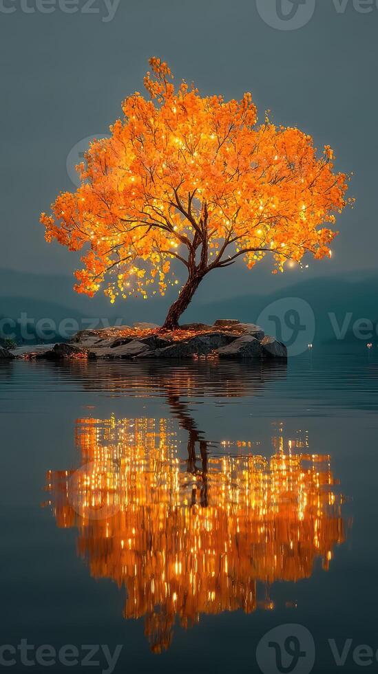 Tree with bright orange leaves reflecting in calm lake at dusk photo