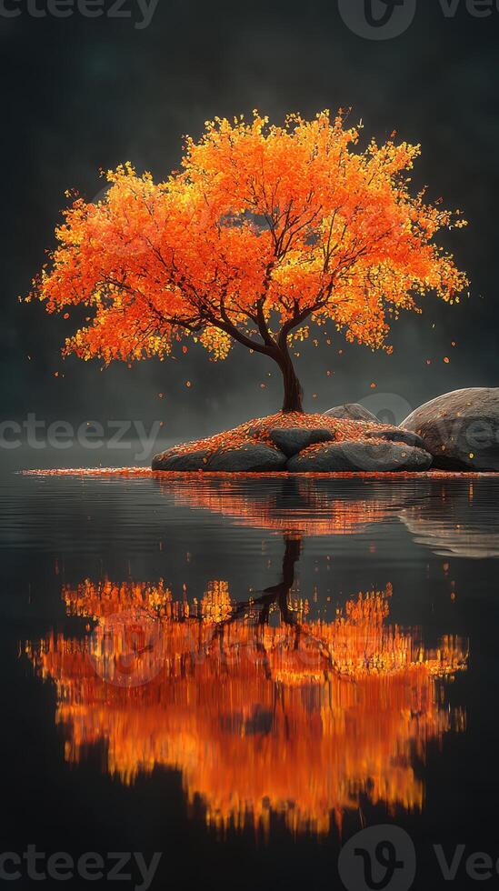 Vibrant orange tree reflected in still water during autumn at a serene lakeside location photo