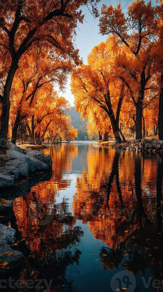 Autumn colors reflect beautifully on serene lake surrounded by trees during golden hour photo