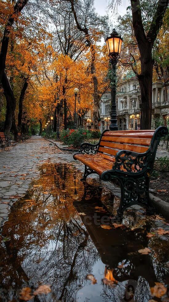 Autumn park scene with a wooden bench reflecting in a puddle on a cloudy day in a historic city photo