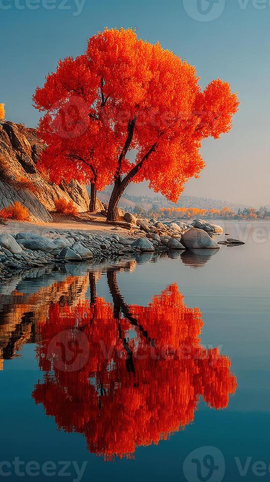Vibrant autumn tree with striking orange leaves reflected in calm lake water in a serene landscape photo