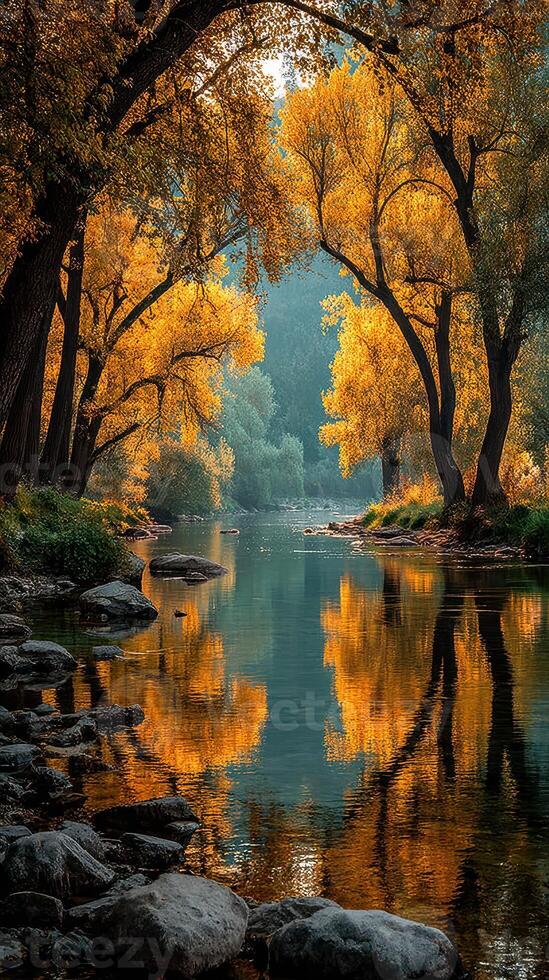 Golden autumn leaves reflecting on a tranquil river near a serene forest during midday photo