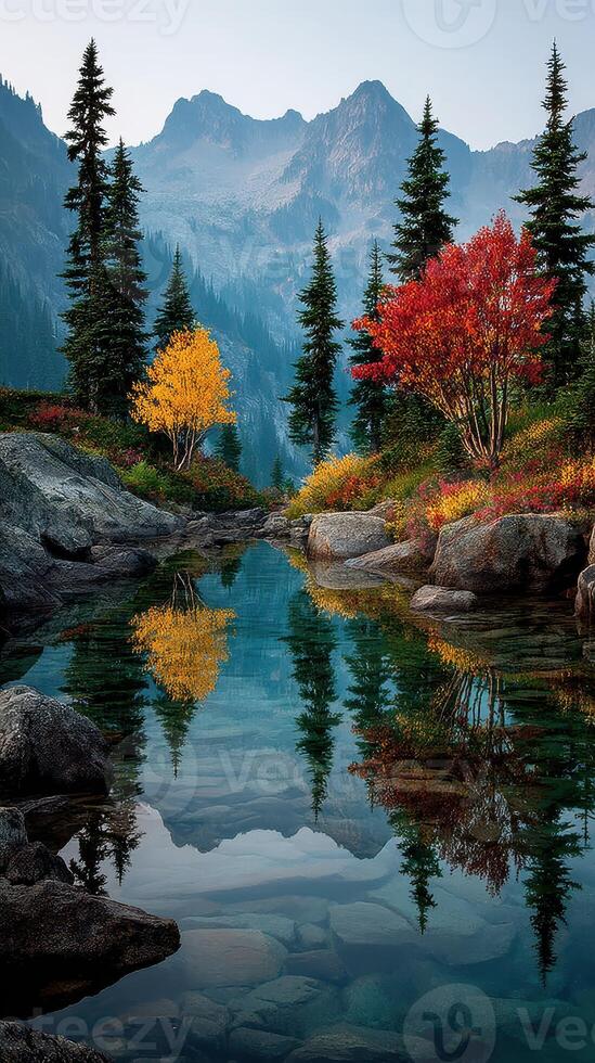 Vibrant autumn landscape with reflections in a serene river surrounded by mountains and colorful trees in a tranquil setting photo