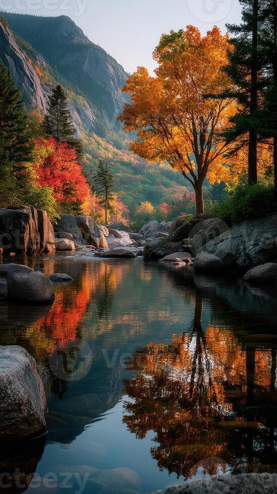 Autumn landscape with colorful trees and calm water reflecting mountains in serene location photo