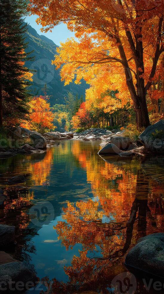 Peaceful autumn reflection in a serene mountain river surrounded by vibrant fall foliage photo