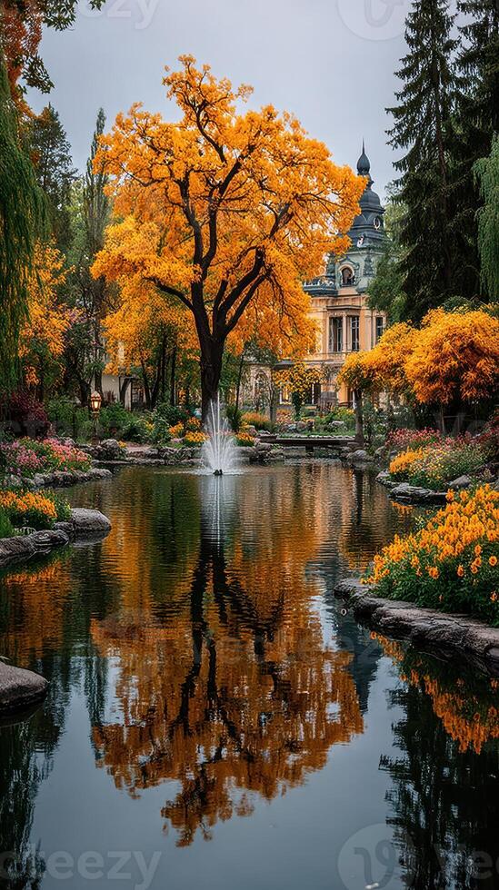 Majestic autumn day in a tranquil park with vibrant orange trees reflecting in a serene pond near an elegant building photo