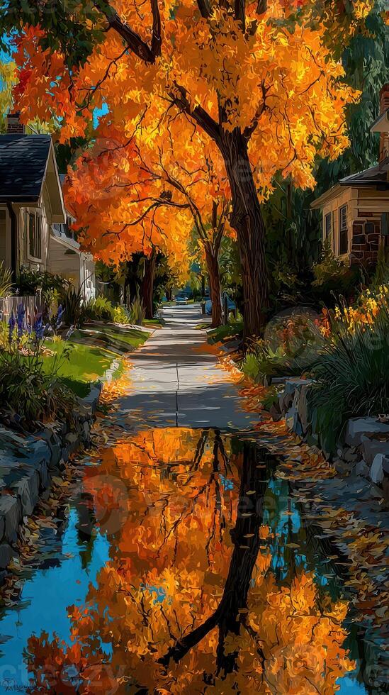Vibrant autumn walkway with golden leaves reflecting in calm water near homes photo