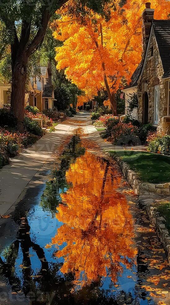Autumn leaves create a stunning reflection in the water along a tranquil street surrounded by cozy homes photo