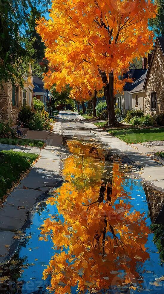 Bright orange tree reflects in puddle on a sunny autumn day in a suburban neighborhood photo