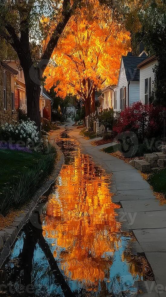 Colorful autumn leaves reflect in water along a charming residential street lined with cozy homes and vibrant gardens photo