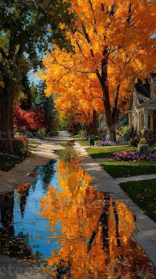 Autumn scene in a peaceful neighborhood with colorful trees and reflection in puddles photo
