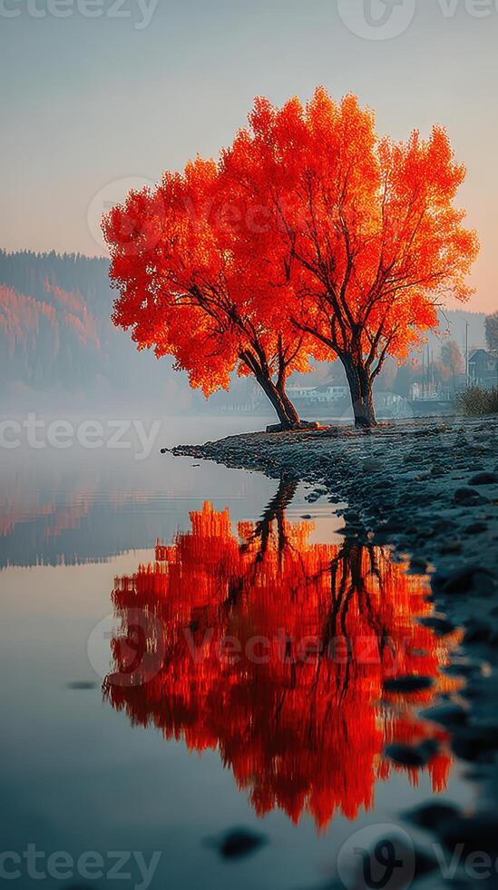 Brilliant autumn trees reflect on calm lake during sunset in serene nature setting photo