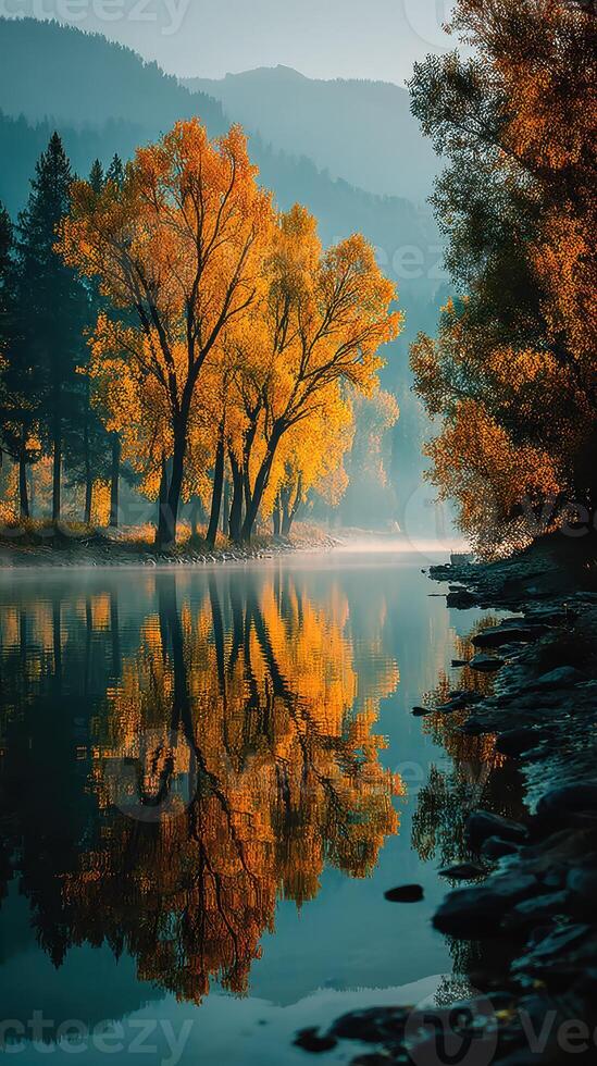Autumn trees reflect in calm waters of a serene river at sunrise near majestic mountains photo
