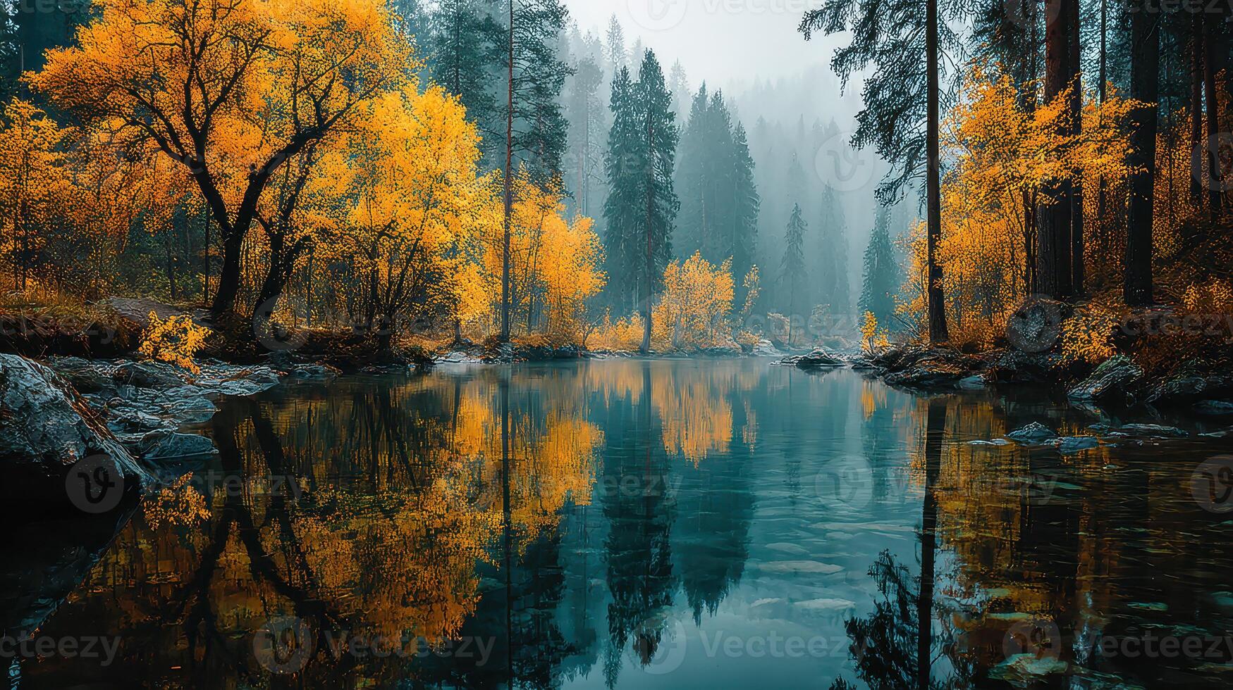 Autumn foliage reflects on tranquil lake surrounded by tall trees in a misty forest photo