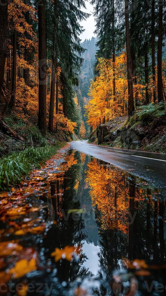 Vibrant autumn foliage and reflective water along a quiet forest road in the mountains photo