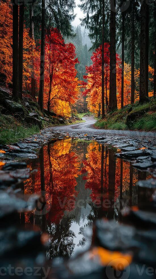 Stunning autumn landscape with vibrant colors reflected in a tranquil forest puddle photo