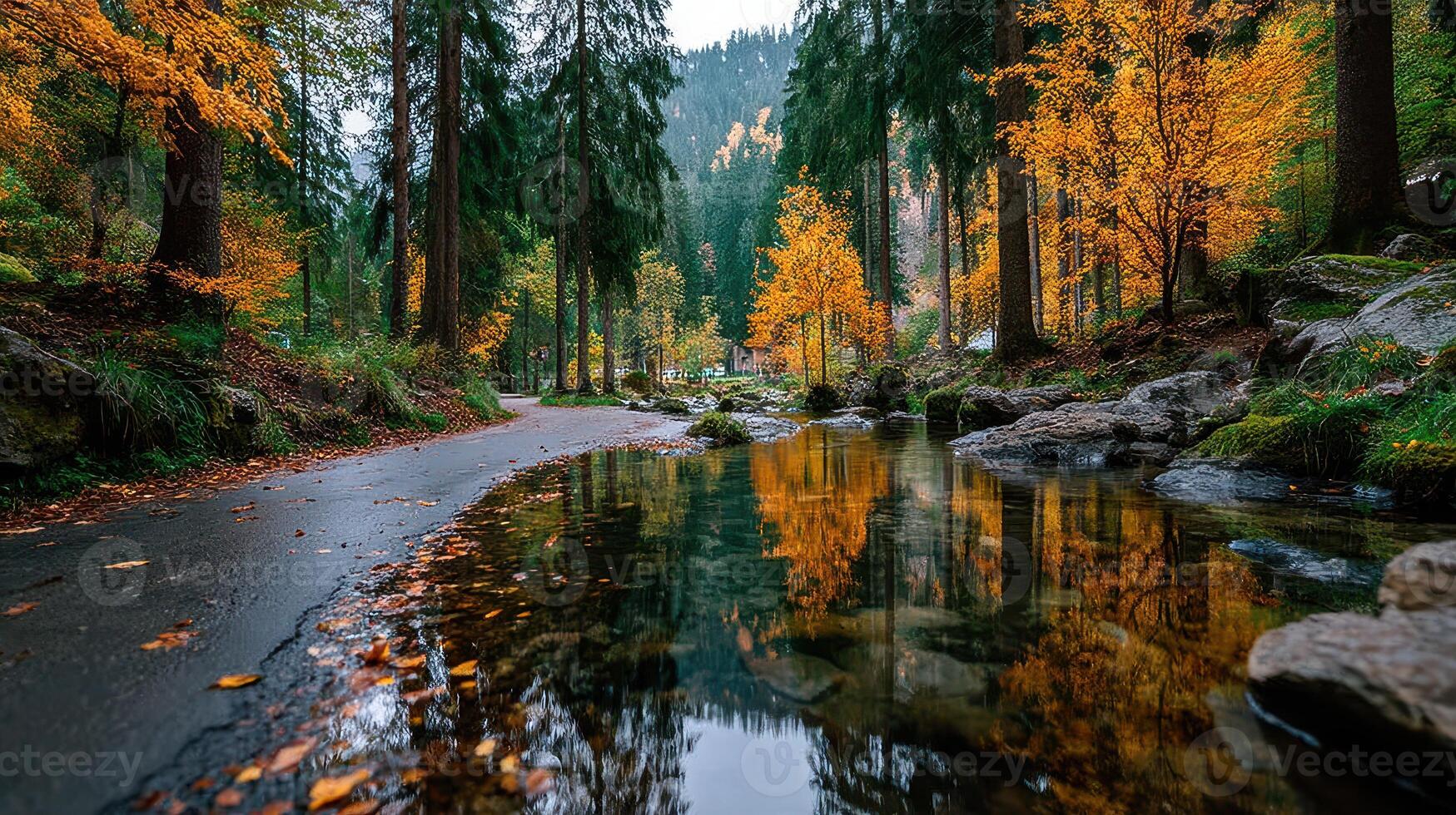 Colorful autumn landscape with reflective water and vibrant trees in a serene forest setting photo