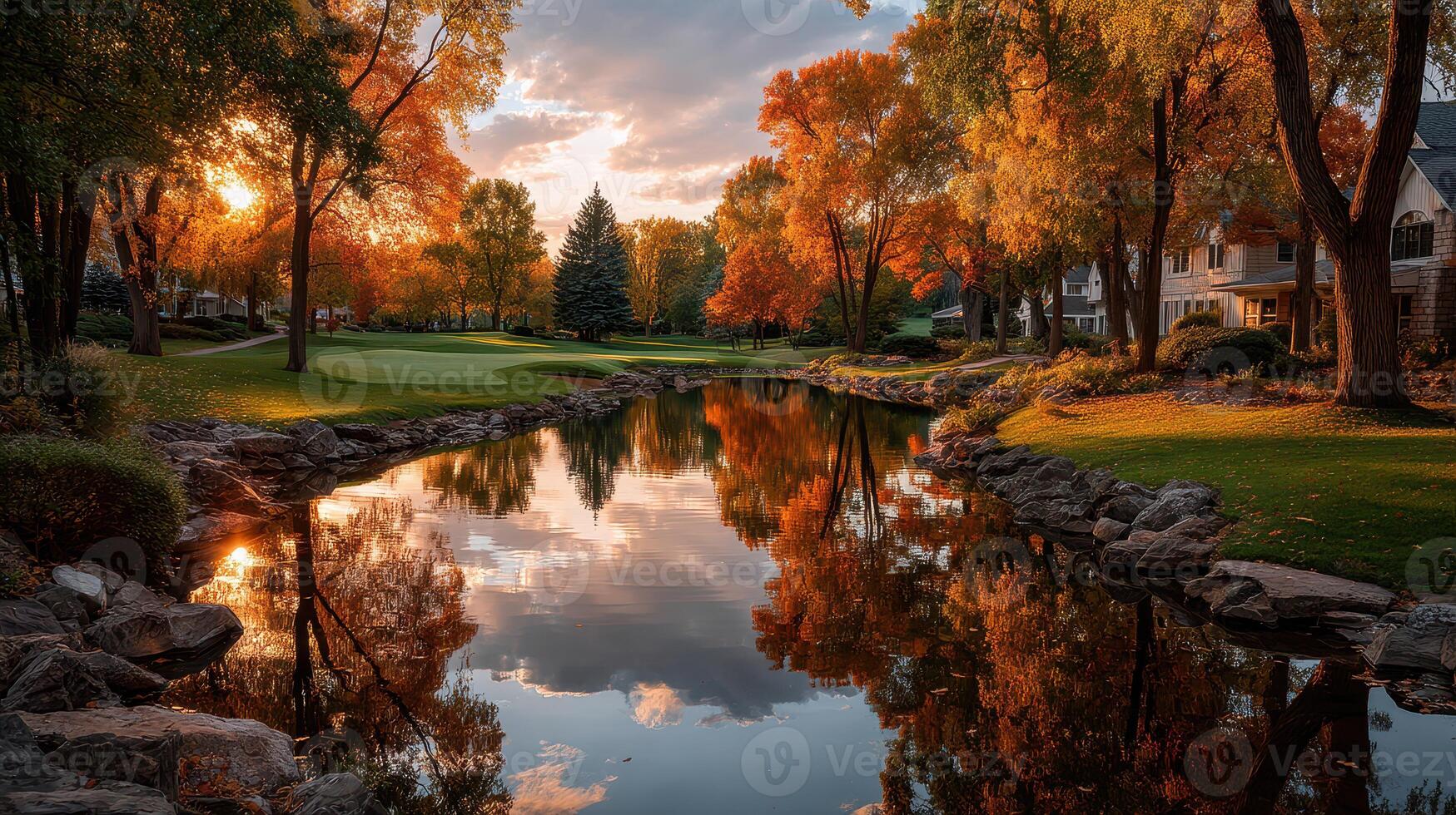 Beautiful autumn evening at a golf course with vibrant trees and tranquil reflections in the water photo