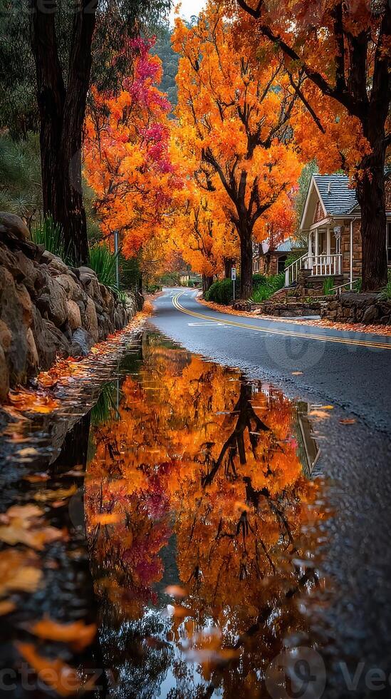 Vibrant autumn foliage reflects in a serene puddle alongside a winding road lined with charming homes photo