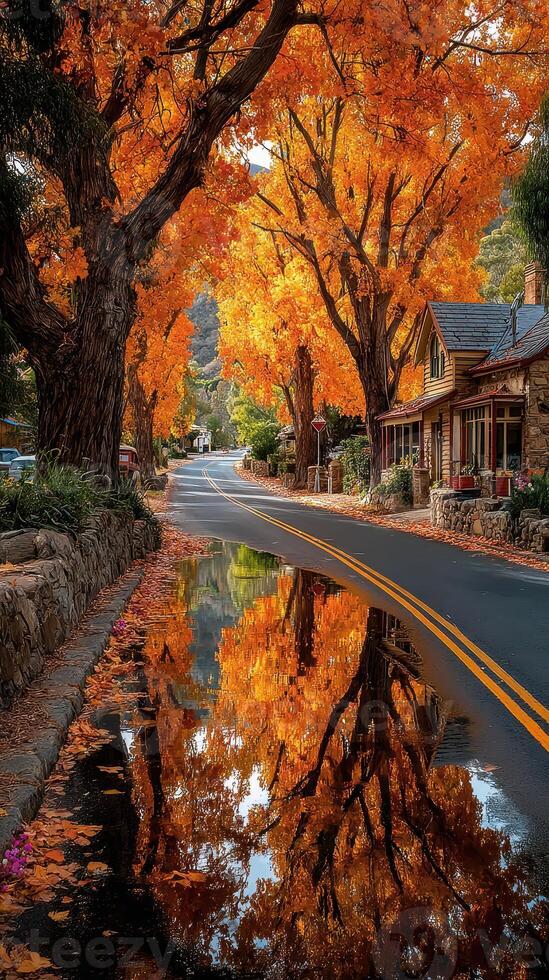 Vibrant autumn landscape with orange leaves lining a quiet road and reflections in puddles during a sunny afternoon photo