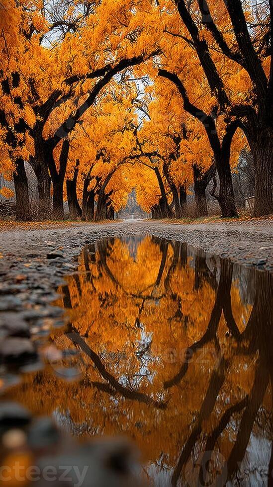 Vibrant autumn colors reflected in a puddle on a country road lined with trees photo