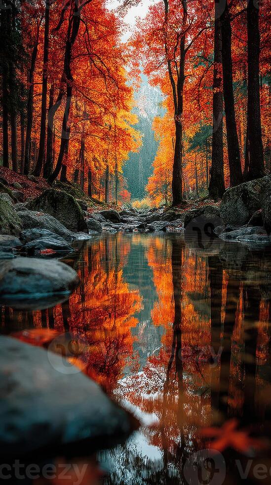 Autumn foliage reflects in calm water at a forest stream during early morning light photo