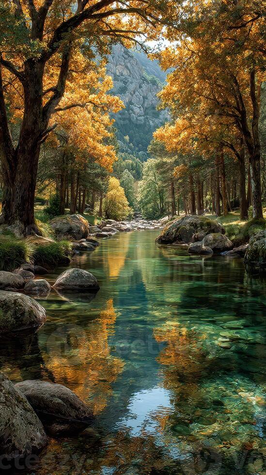 Tranquil autumn landscape with vibrant foliage and calm waters near rocky stream in a forested area photo