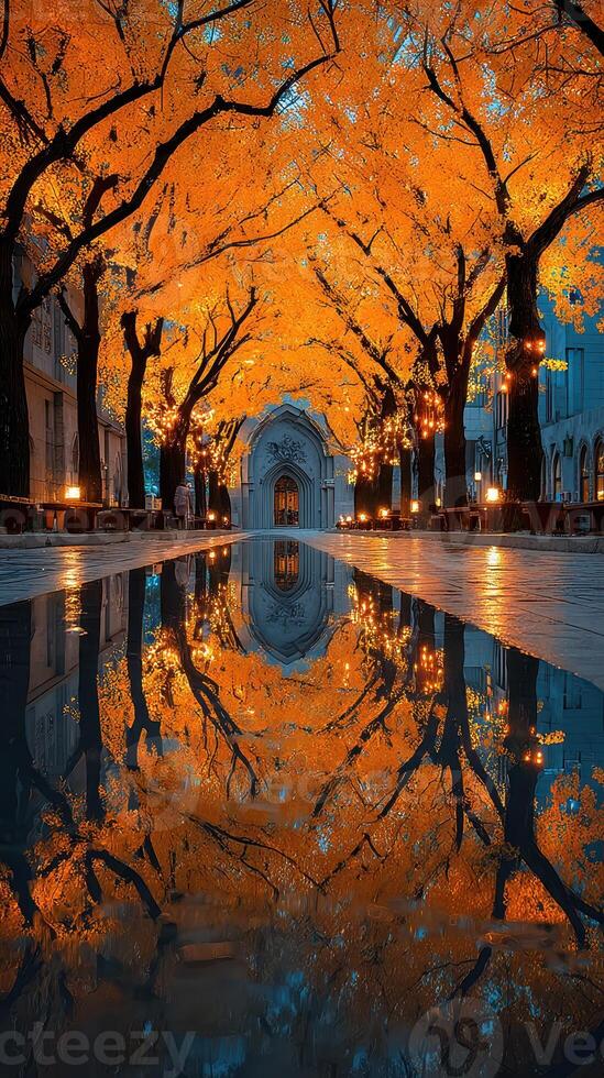 Autumn trees with golden leaves reflect in a serene pool at twilight in a peaceful park setting photo