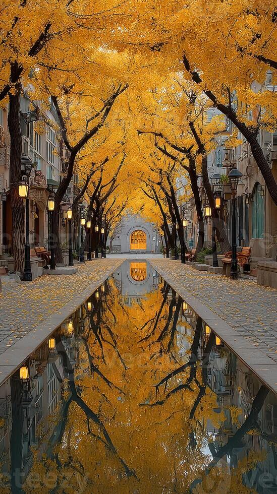 Stunning reflection of golden trees along a serene pathway in autumn evening light at a city park photo