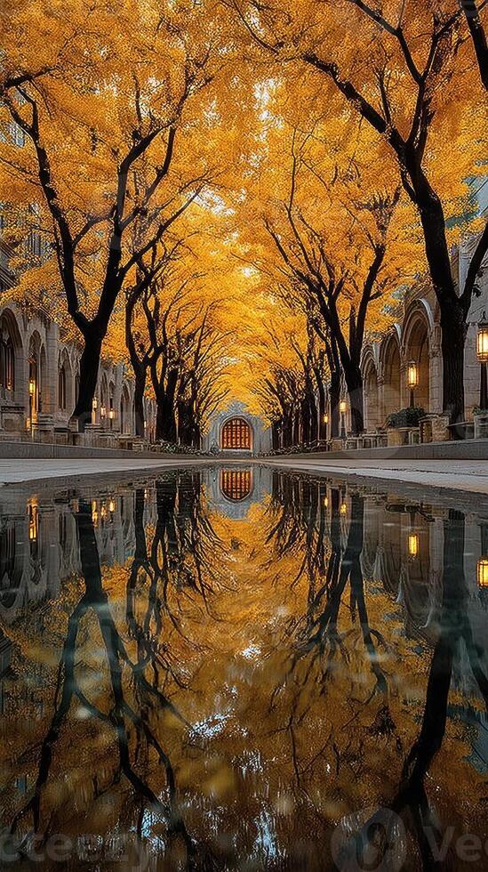 Autumn reflections in a serene pathway lined with golden trees at dusk in a peaceful university campus photo