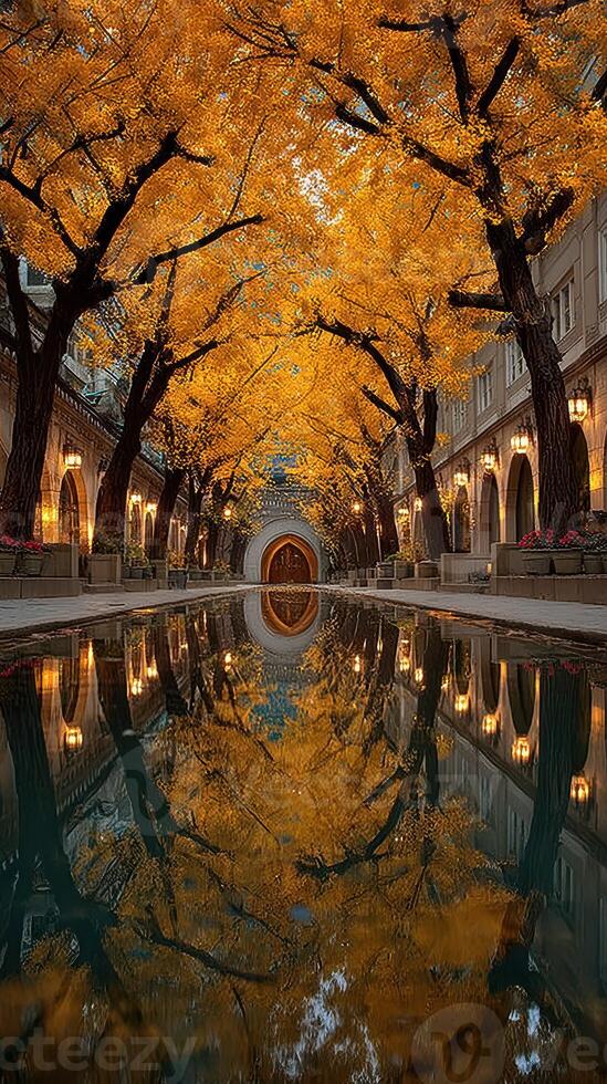 Stunning autumn landscape showcasing vibrant golden trees and serene reflection in tranquil water at dusk photo