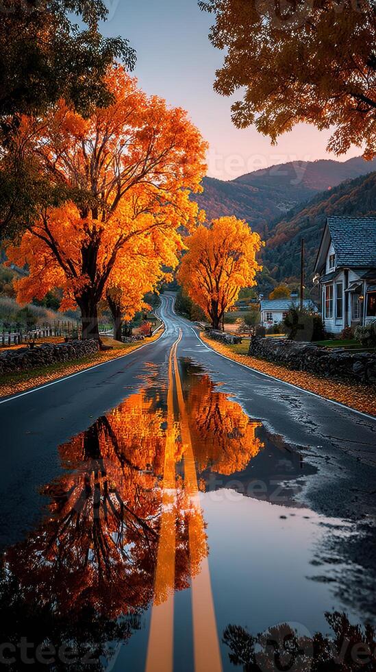 Autumn road lined with vibrant trees reflecting in puddles during sunset in a scenic valley photo
