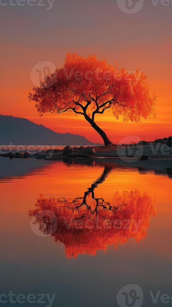Vibrant autumn tree reflects in calm lake during sunset illuminating the sky with warm hues photo