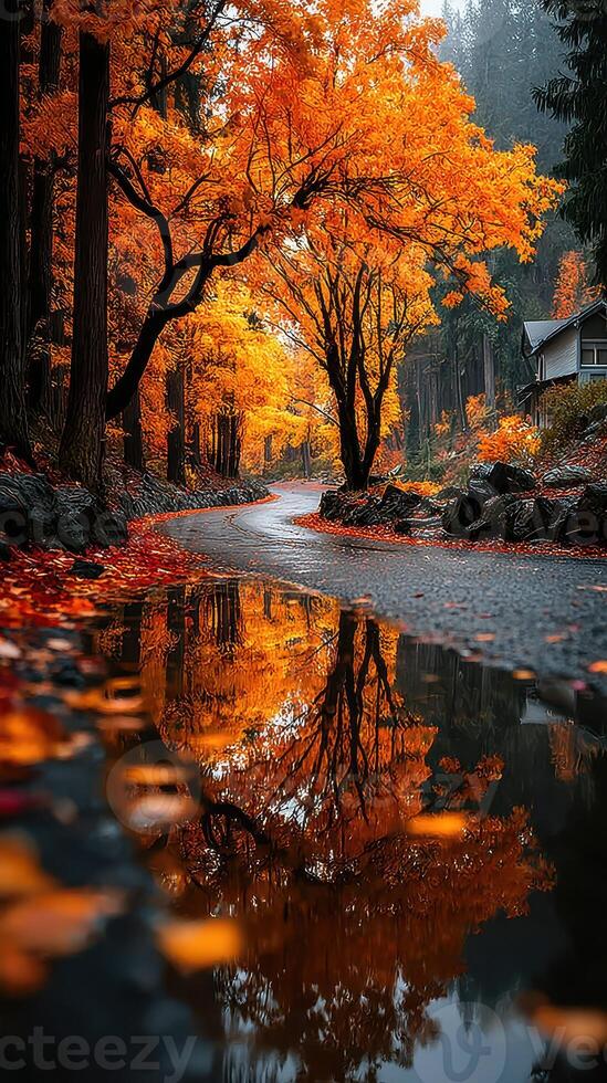 Picturesque autumn landscape showcasing golden leaves reflecting in water along a winding road photo