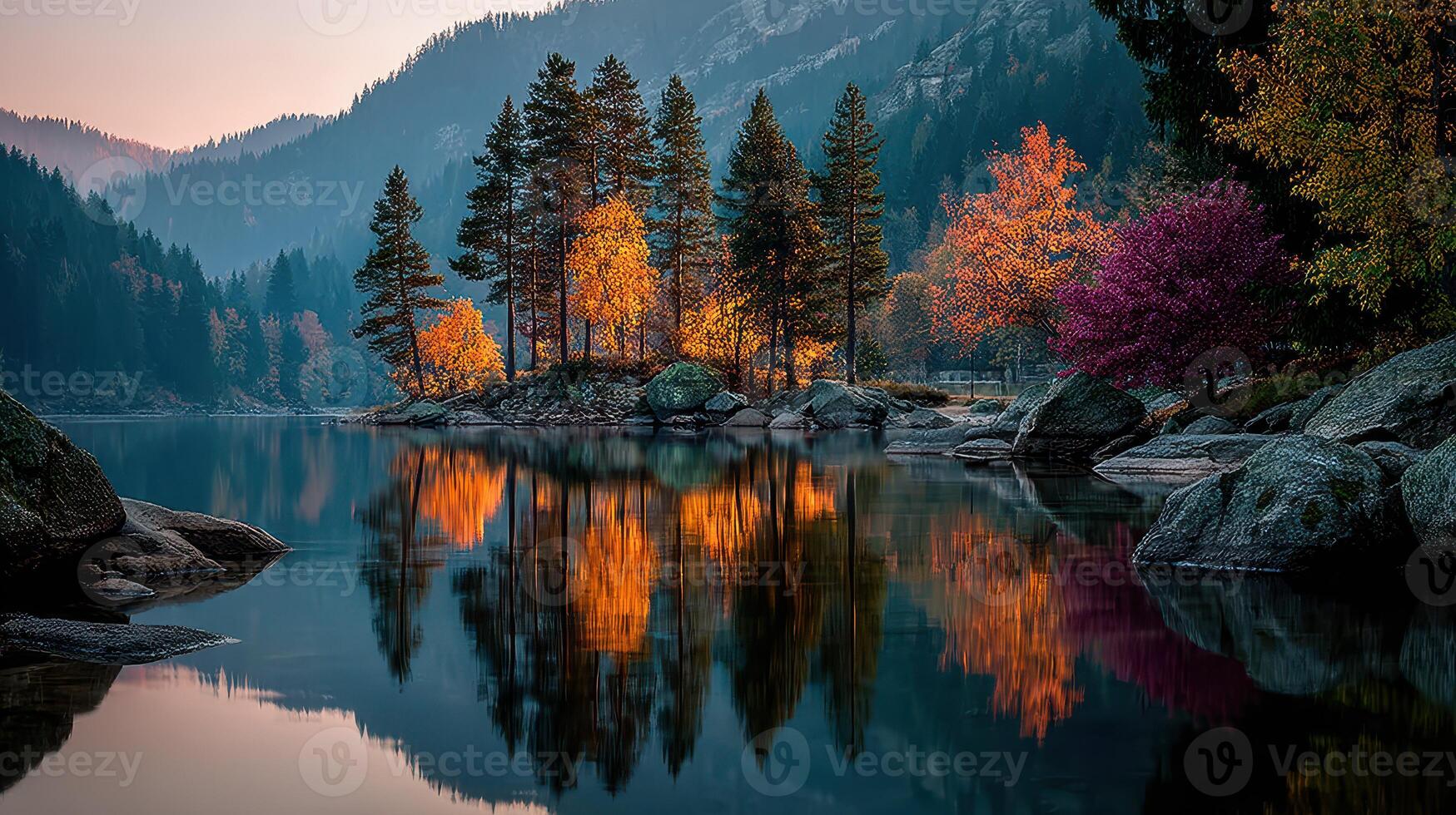 Beautiful autumn landscape with colorful trees reflected in calm lake waters at dawn in a mountainous area photo