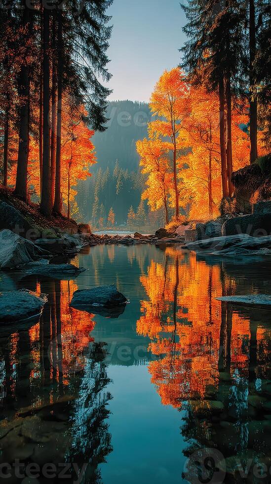 Autumn landscape with vibrant trees reflecting in calm water at sunrise in a serene forest photo