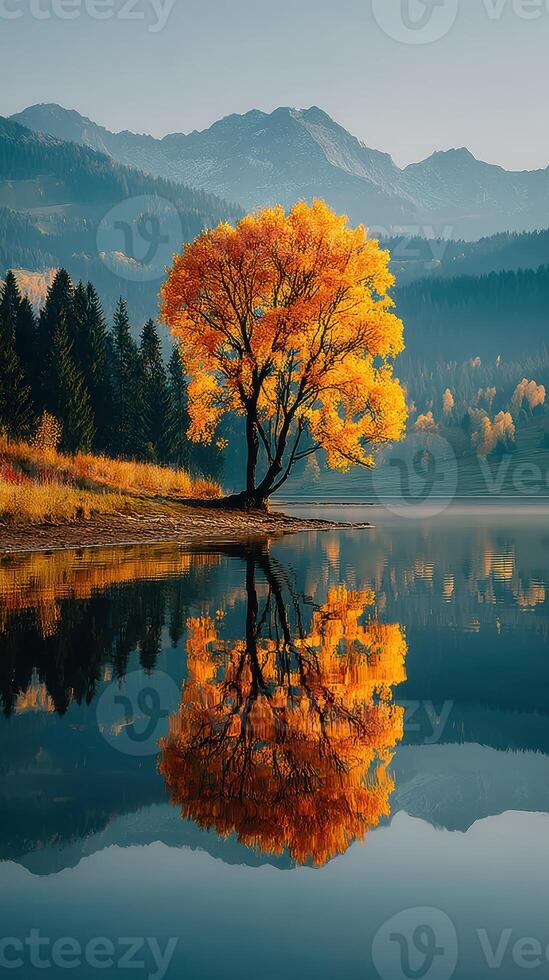 Reflection of an autumn tree by a tranquil lake in the mountains during sunrise photo