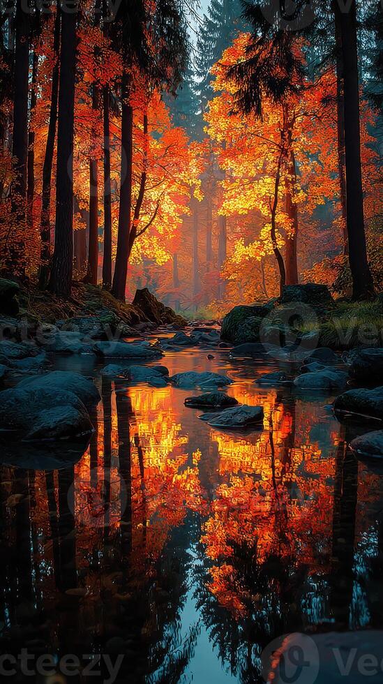 Vibrant autumn landscape featuring colorful trees reflected in a tranquil stream during the late afternoon light photo