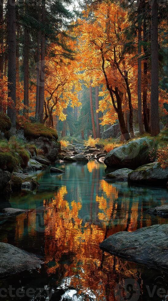 Vibrant autumn colors reflected in a serene stream surrounded by lush trees in a tranquil forest setting photo