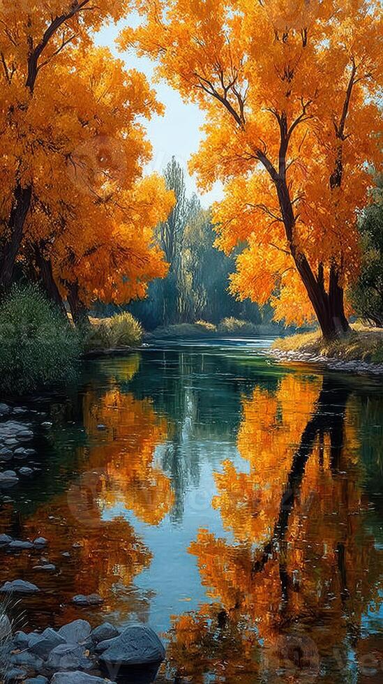 Autumn trees reflect in calm river waters at a serene landscape location surrounded by nature photo