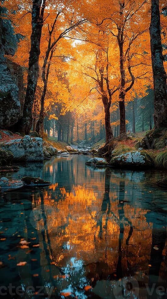 Bright autumn foliage reflects in tranquil stream surrounded by trees in a serene forest setting during golden hour photo