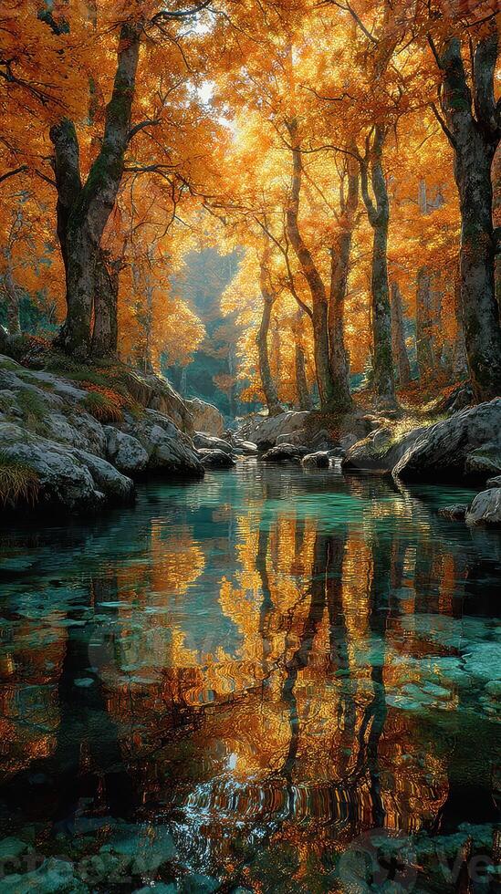 Serene autumn landscape with vibrant orange leaves reflected in calm river at midday light photo