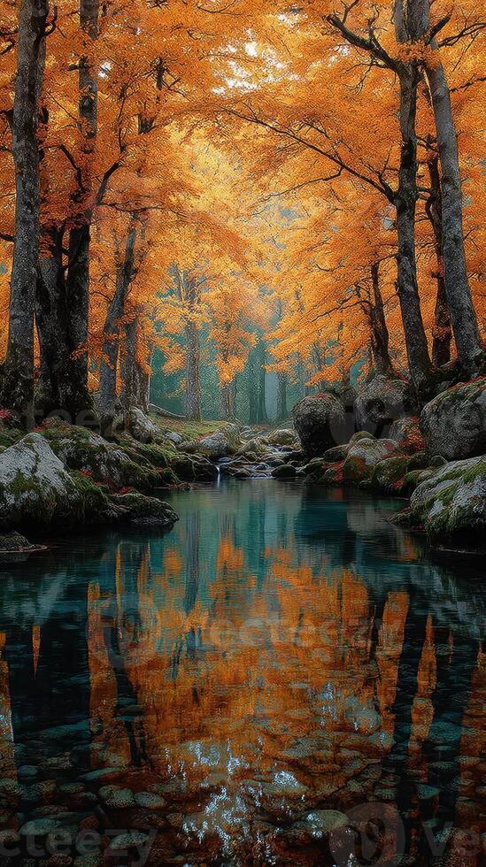 Vibrant autumn trees reflect in tranquil river waters during a serene forest walk in the early morning photo