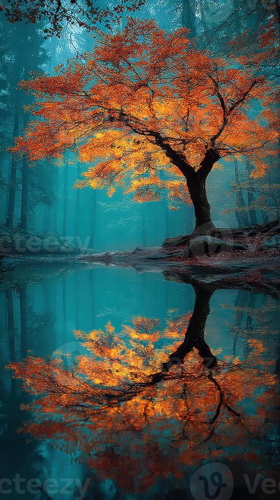 Autumn tree with vibrant orange leaves reflected in a calm forest lake at dawn photo