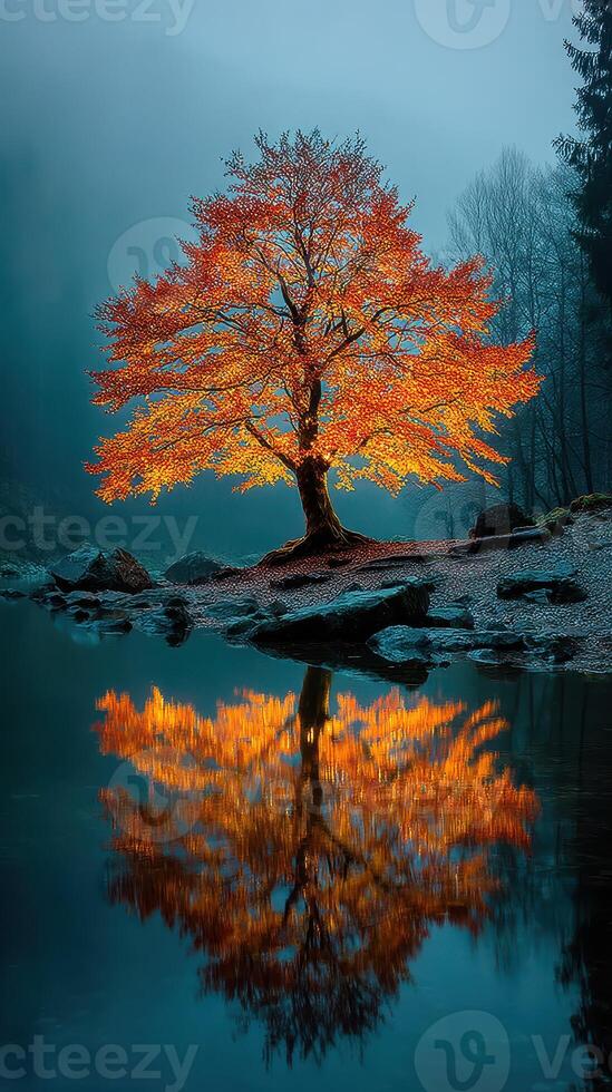 Majestic autumn tree with vibrant orange leaves reflected in calm water near a misty forest at dawn photo