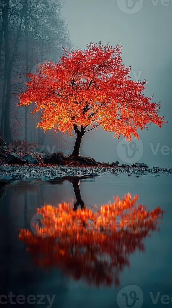 Vibrant autumn tree stands alone by a serene lake reflecting its fiery colors in a tranquil morning mist photo