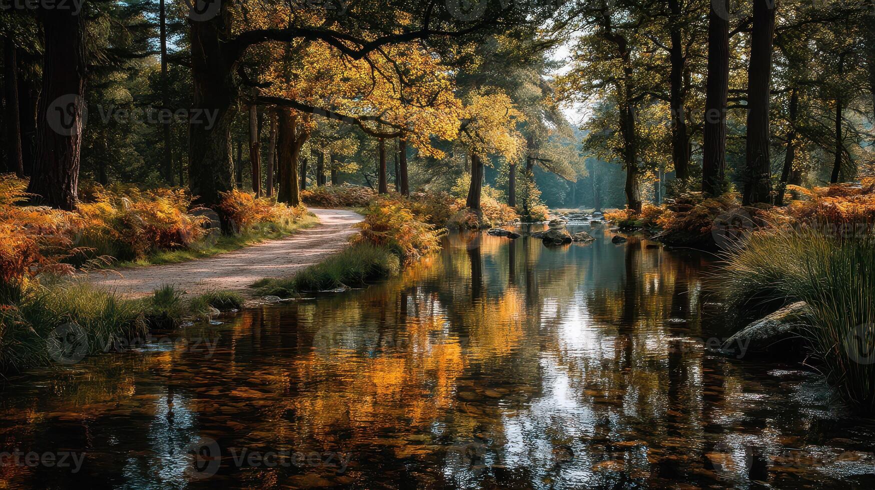 Autumn colors reflect over a quiet stream in a serene forest setting during the golden hour of late afternoon photo