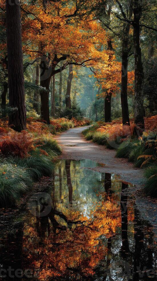 Serene autumn pathway reflecting vibrant orange foliage in a tranquil forest setting photo